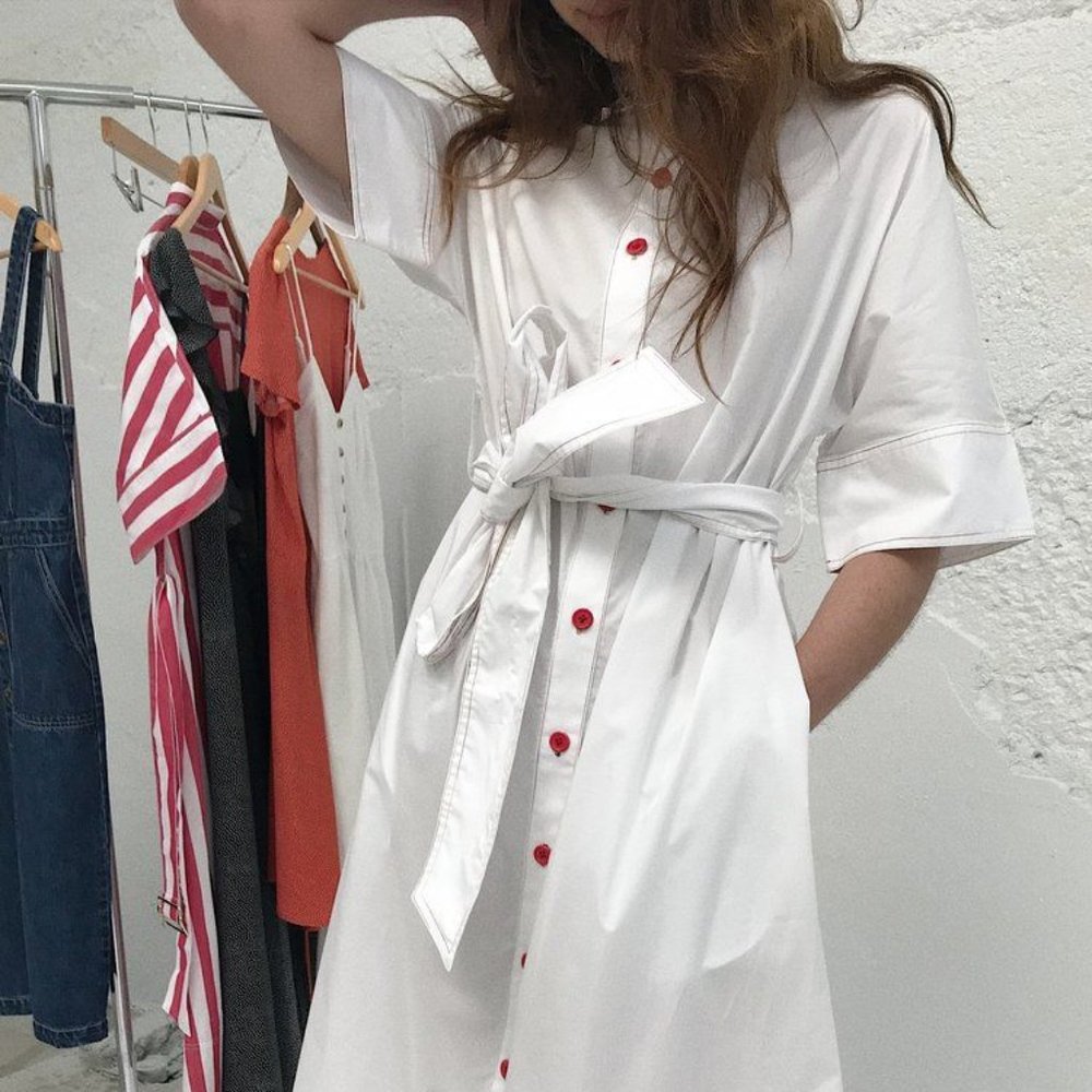 Benay Dress w/ Sash Rainbow Top Stitch